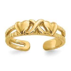 14k Yellow Gold Solid Toe Ring Hearts and X Adjustable